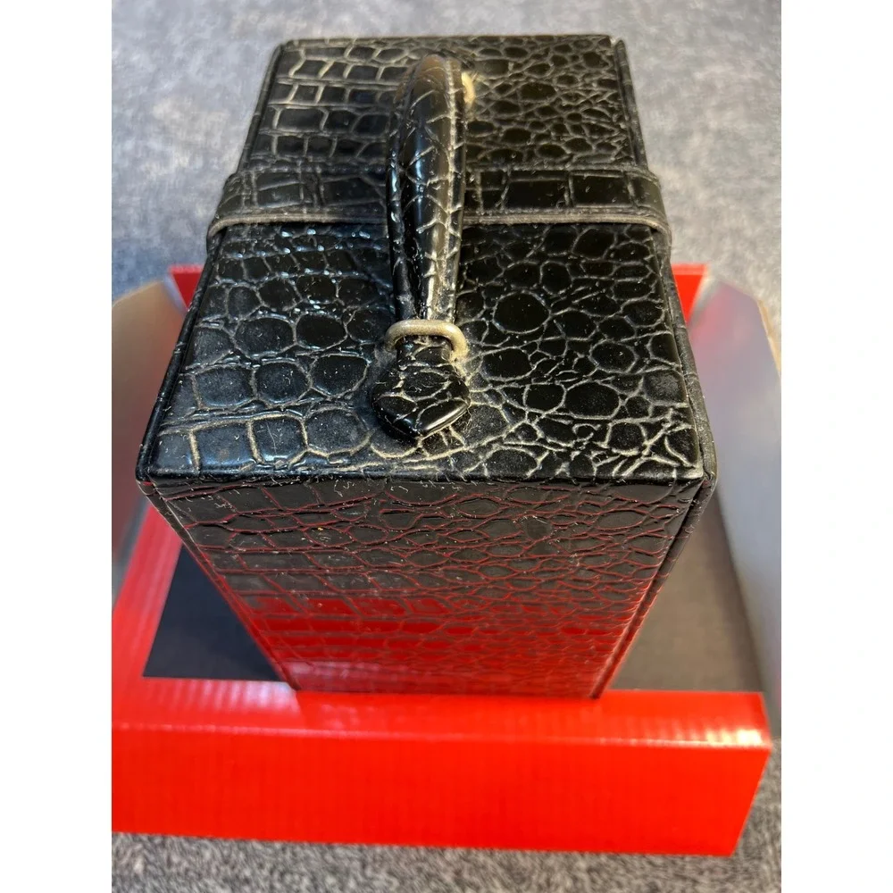 Black Faux Croc Embossed Makeup Train Case Jewelry Box with Mirror & Drawers